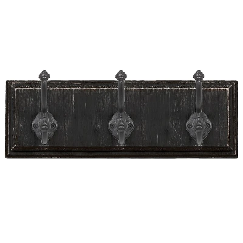 3-Hook Black Wooden Wall Plaque, 5x15 1 3-Hook Black Wooden Wall Plaque, 5x15
