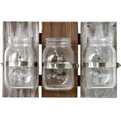 3 Mason Jars Wood & Glass On Panel, 12x8