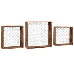 3-Piece Brown Wooden Cube Chicken Wire Shelf Set, 14"