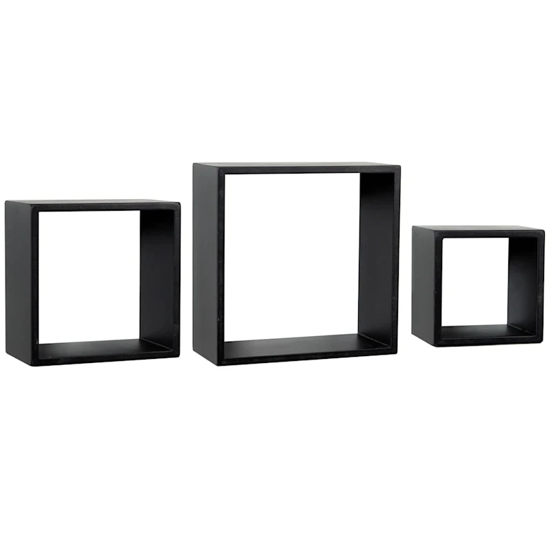 3-Piece Wooden Cube Wall Shelf Set, Black 1 3-Piece Wooden Cube Wall Shelf Set, Black