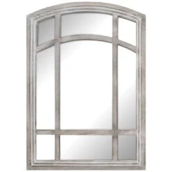 Arched Wood Window Pane Wall Mirror, 28x39