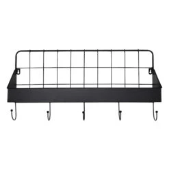 Black Metal Wall Shelf With Hooks, 24x12