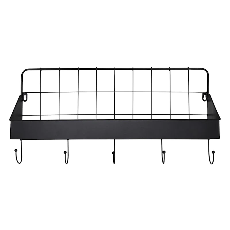 Black Metal Wall Shelf With Hooks, 24x12 1 Black Metal Wall Shelf With Hooks, 24x12