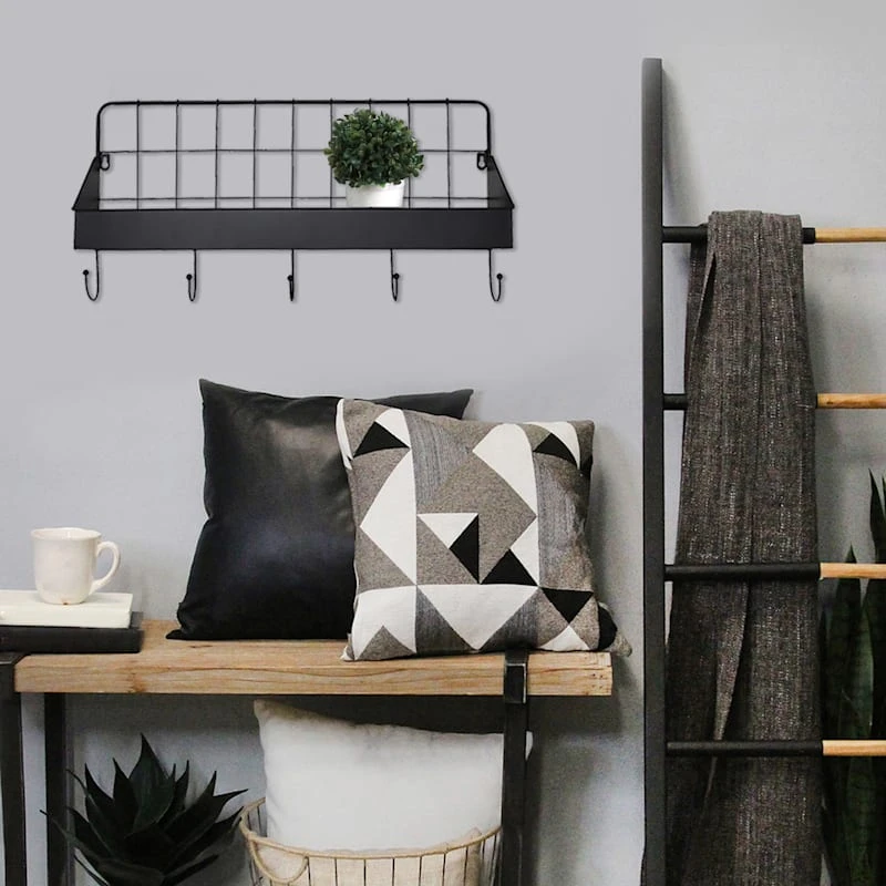 Black Metal Wall Shelf With Hooks, 24x12 2 Black Metal Wall Shelf With Hooks, 24x12 - Image 2