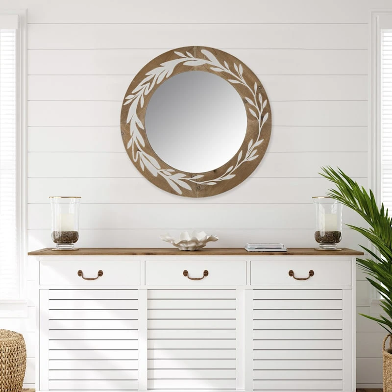 Botanical Carved Round Wall Mirror, 31.5" 2 Botanical Carved Round Wall Mirror, 31.5" - Image 2