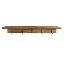 Brown Wooden Wall Shelf With Hooks, 24"