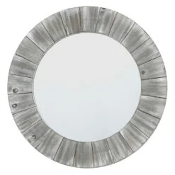 Distressed Light Grey Wood Framed Round Wall Mirror, 20"