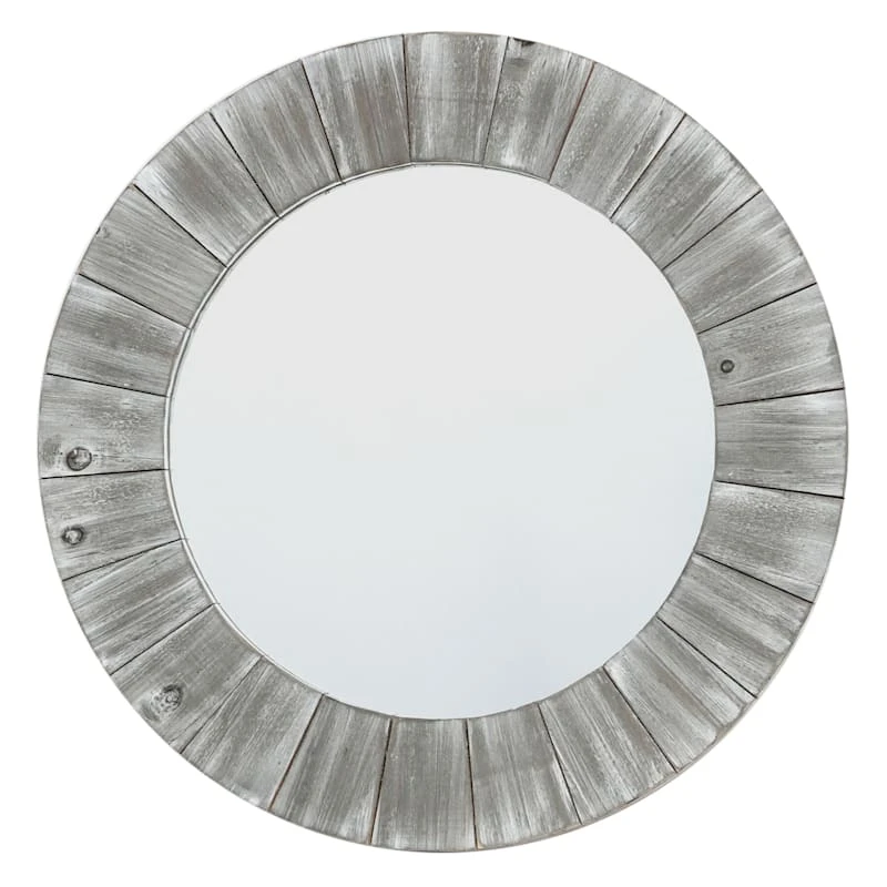 Distressed Light Grey Wood Framed Round Wall Mirror, 20" 1 Distressed Light Grey Wood Framed Round Wall Mirror, 20"