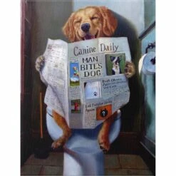 Dog With Newspaper In Bathroom Canvas Wall Art, 12x16
