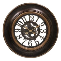 Ebony Round Wall Clock With Cutout Gear And Dial, 30"