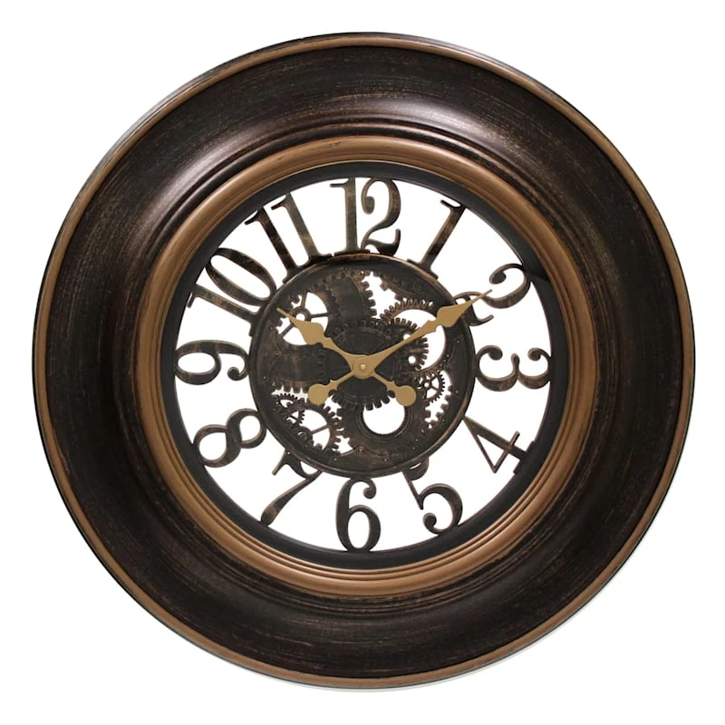 Ebony Round Wall Clock With Cutout Gear And Dial, 30" 1 Ebony Round Wall Clock With Cutout Gear And Dial, 30"