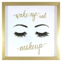 Glass Framed Wake Up & Makeup Eyelashes Wall Art, 13"