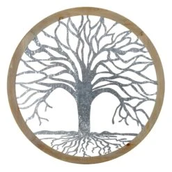 Metal & Wood Round Silver Tree Wall Art, 32"