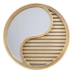Natural Faux Wood Round Yin Yang Wall Mirror, 20"