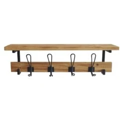 Natural Wooden Shelf With Hooks, 24"