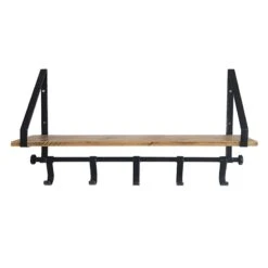 Natural Wooden Wall Shelf With Hooks, 24"