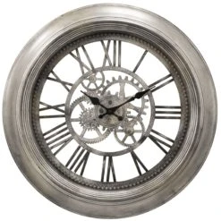 Pewter Round Wall Clock With Cutout Gear, 20"