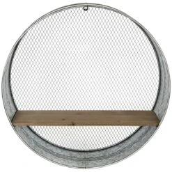 Round Metal & Wood Galvanized Wall Shelf, 22"
