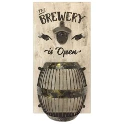 The Brewery Is Open White Bottle Opener With Barrel Cap Catcher, 8x15