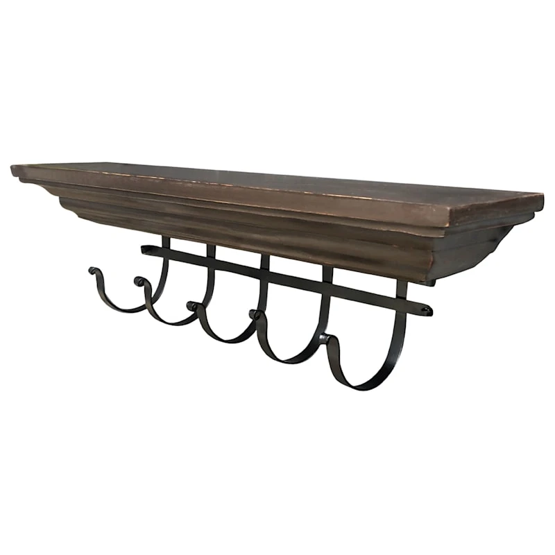 Walnut Wood Colonial Wall Shelf With Hooks, 24x7 1 Walnut Wood Colonial Wall Shelf With Hooks, 24x7