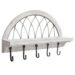 White Wood & Metal Arch Shelf With Hooks, 24x16