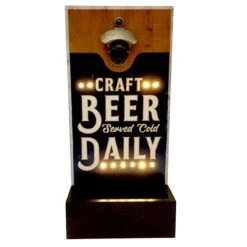 Wood Bottle Opener With Cap Catcher LED Battery Lights Wall Art, 7x15