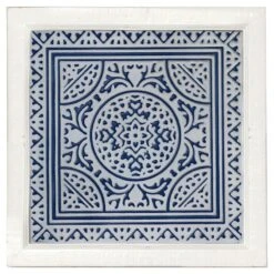 Wood Framed Blue & White Embossed Metal Medallion Wall Decor, 11.5"