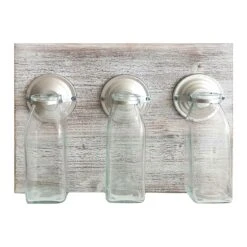 Wood & Metal Plaque With 3 Glass Wide Neck Jars, 10x14