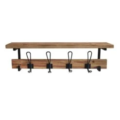 Wooden Shelf With Hooks, 24"